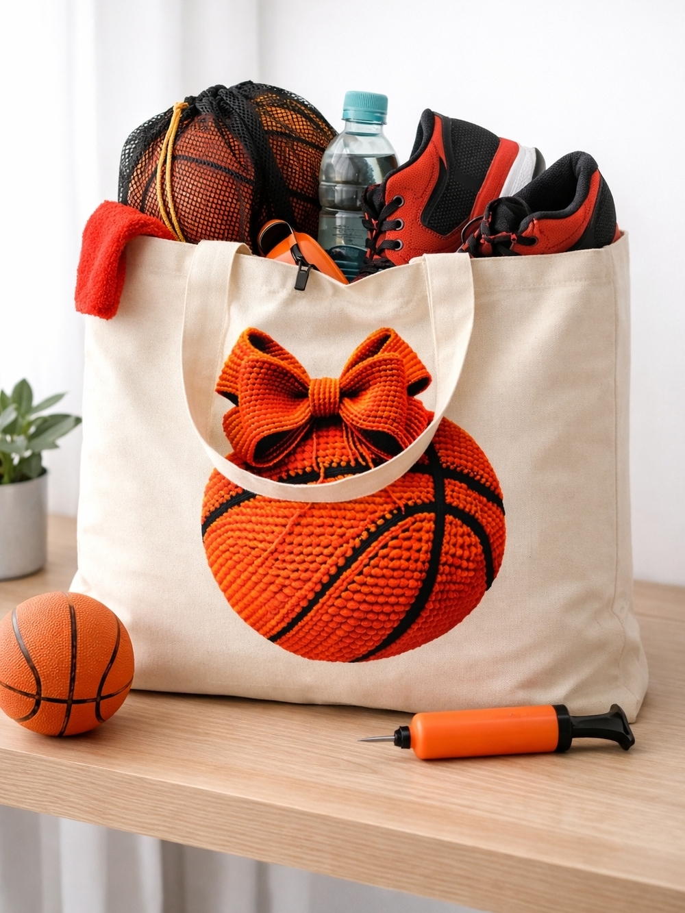 Canvas Sports Tote Bag with Orange Basketball Print
